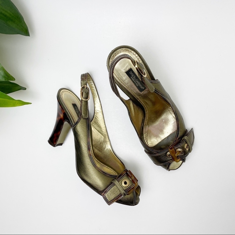 Dolce & Gabanna Size 37 Spuntata Capra Gold Slingback Heels